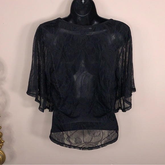 Small Lily Rose Black Lace Blouse Scoop Neckline Flowy Sheer Goth - Picture 9 of 13